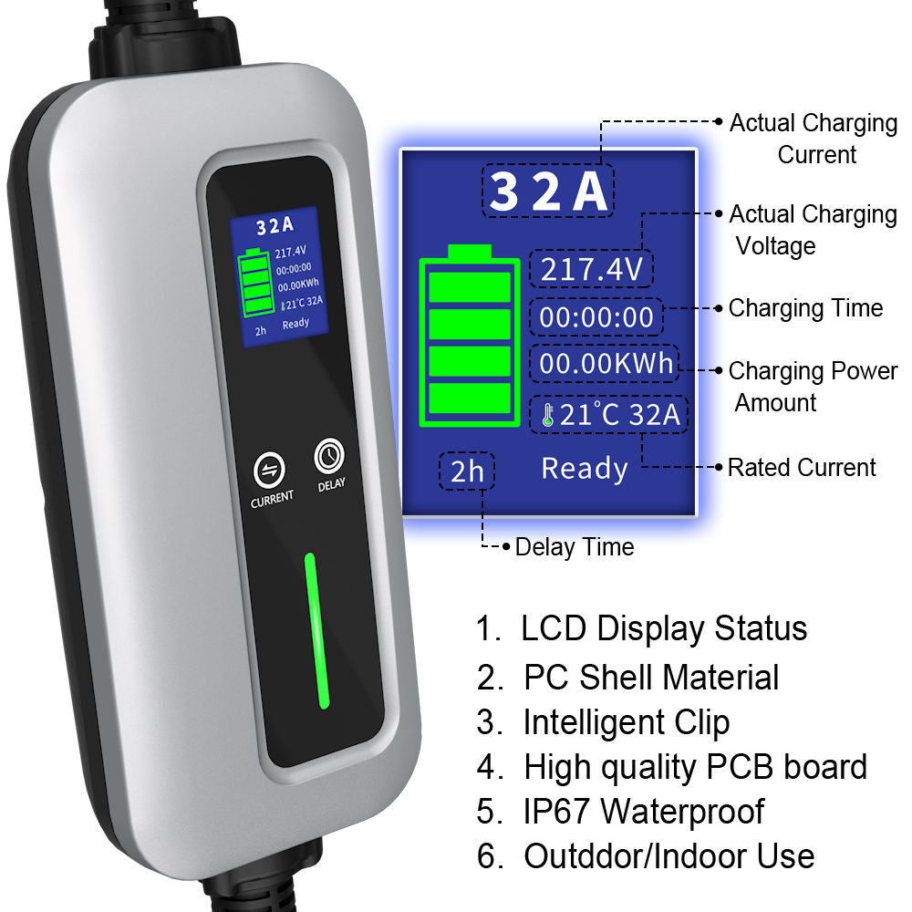 7KW 16A līdz 32A regulējams 1. tipa 2. līmeņa pārnēsājams EV lādētājs-4