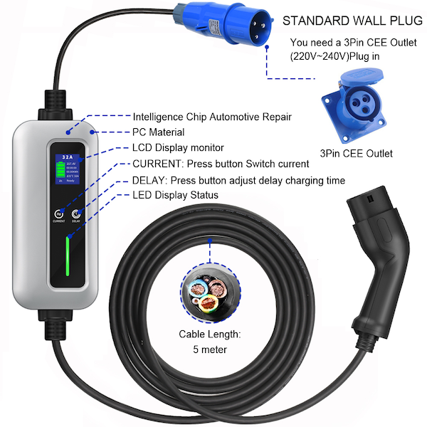 7KW 16A ຫາ 32A Adjustable Type 2 Portable EV Charger-1